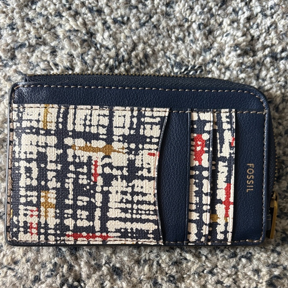 Fossil Navy Canvas Patterned Card Wallet with Gold Accent